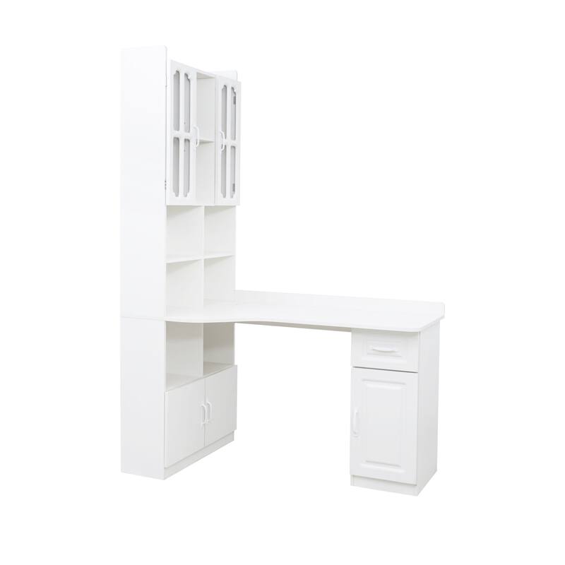 Anmytek L Shaped Corner Desk with Bookshelf, White Home Office Computer Desk Storage Workstation