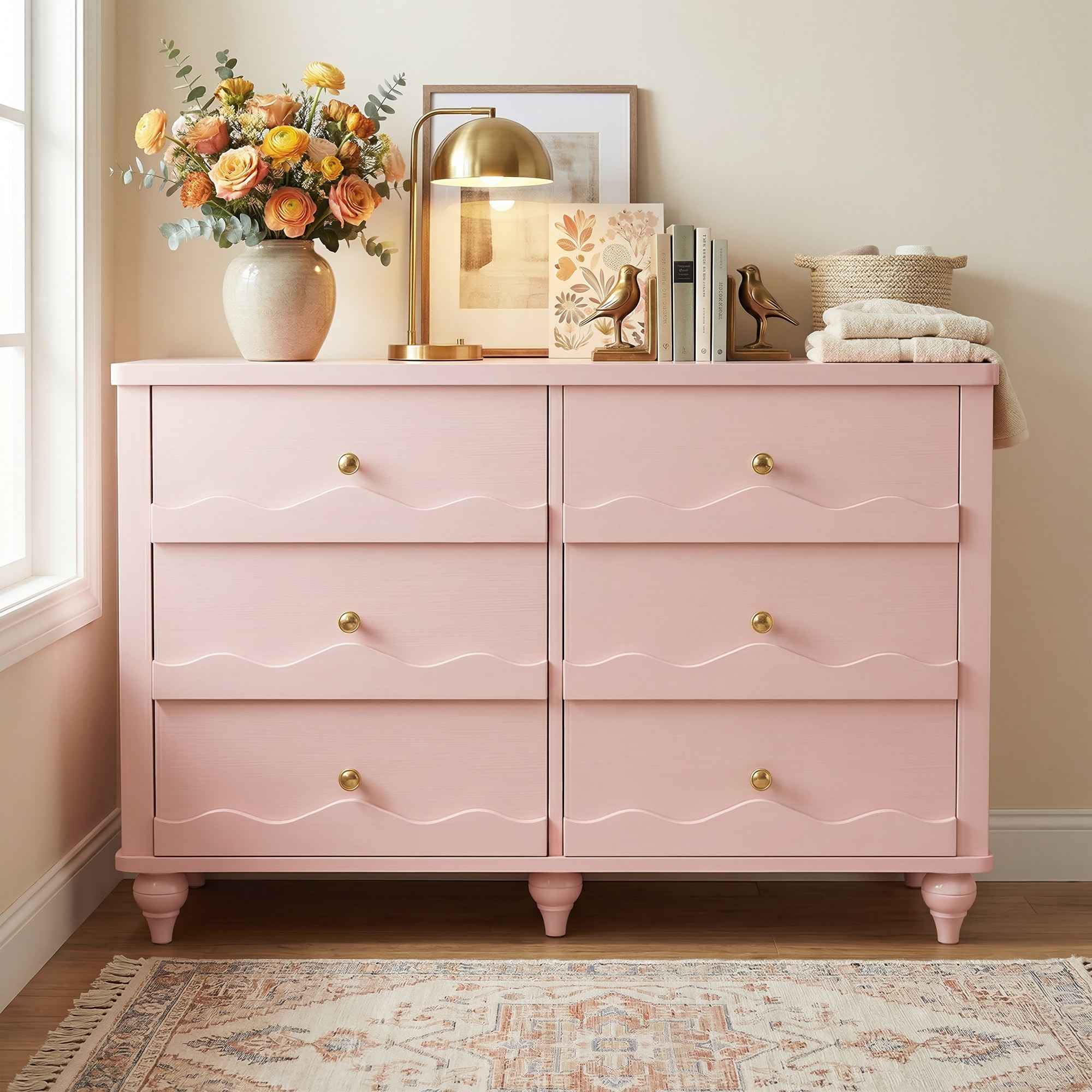 Narill Wave-Inspired 6-Drawer Dresser Closet Organizer, 43-In Chest of Drawers TV Stand