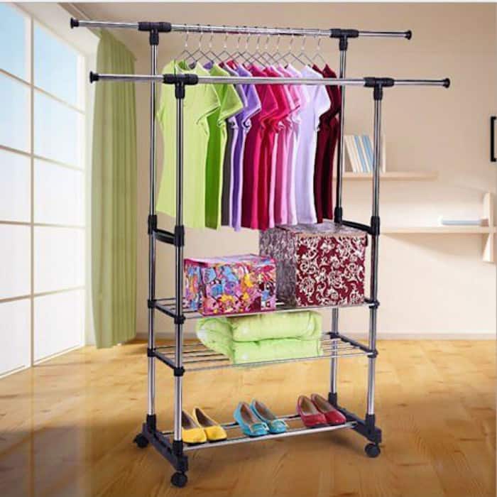 Dual-bar Stretching Stand Clothes Rack with Shoe Shelf - Black