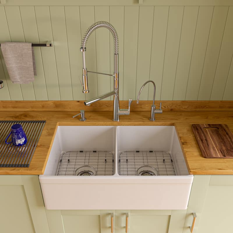 Alif White Fireclay 32-inch Decorative Lip Double Bowl Farmhouse Kitchen Sink