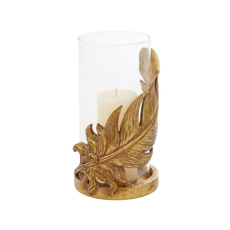 Glass Bird Feather Pillar Hurricane Lamp - Gold - Roche River Decor
