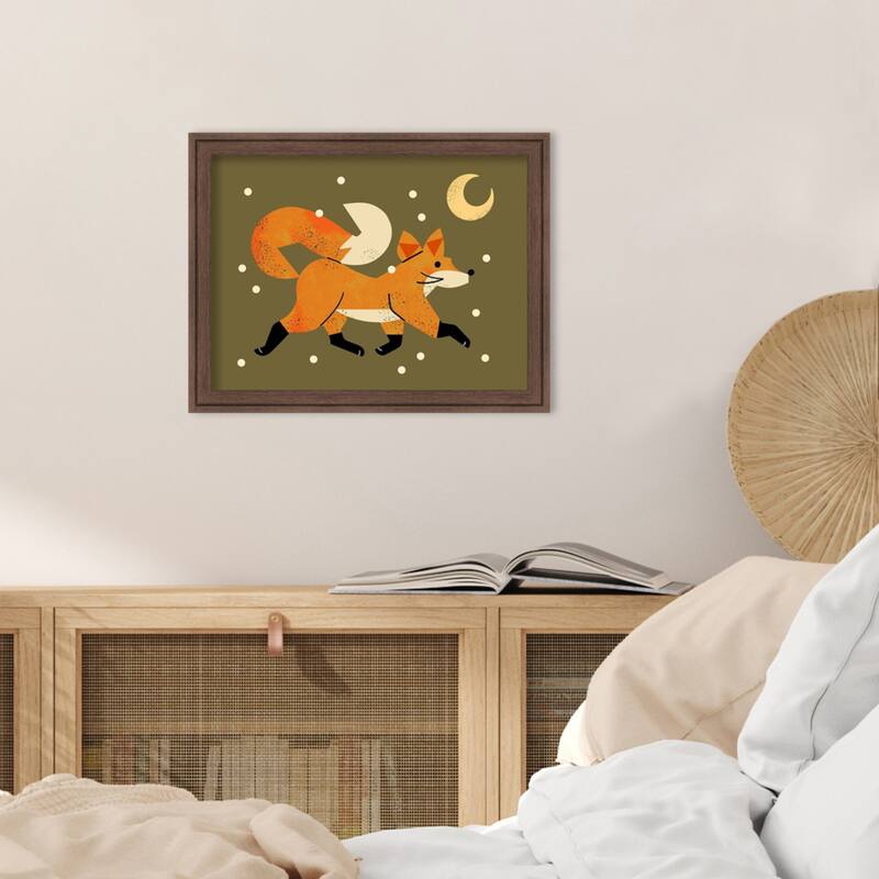 Wandering Winter Fox by Renea l. Thull Wood Framed Wall Art Print - Florence Medium Brown