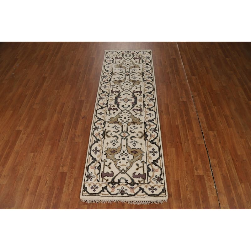 All-Over Ivory Oushak Indian Runner Rug Hand-Knotted Wool Carpet - 2'7"x 8'0"