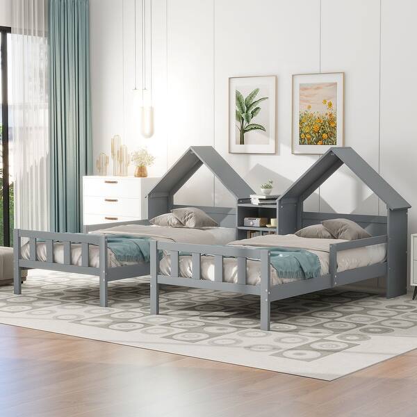 slide 2 of 14, Double Twin Size Platform Bed With House-shaped Headboard,A Nightstand,Kids Bed Design Grey