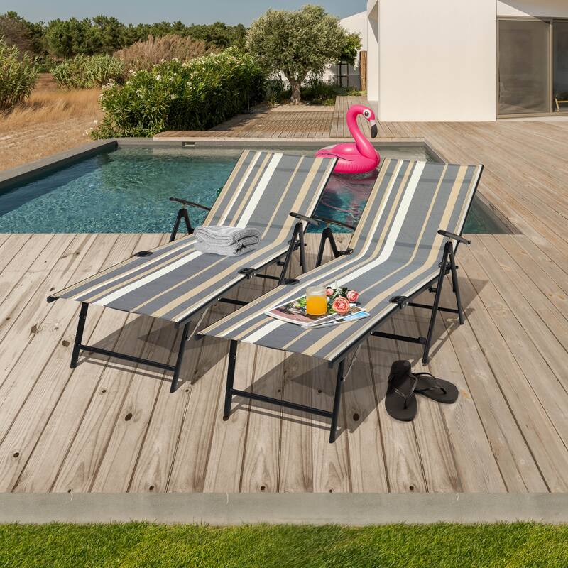 Outdoor Folding Chaise Lounge with 7-Position Adjustable Backrest and Armrests, Taupe Stripes - N/A