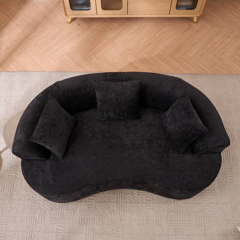 Chenille Crescent-Shaped Loveseat Sofa, High-Resilience Foam Filled 3-Seater Sofa, Upholstered Floor Sofa with Pillows