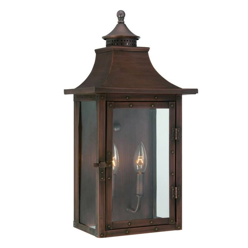 2-Light Patina Wall Light Gas Lantern Style Clear Glass - 7” x 10” x 19.75”