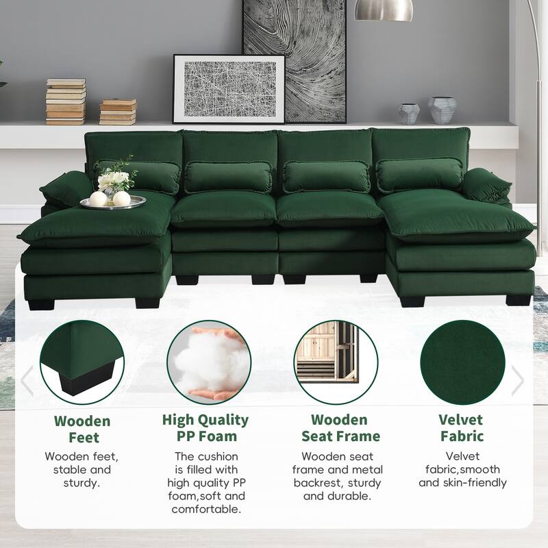 6-seat Upholstered Modern U-shaped Sectional Sofa with Waist Pillows,Sleeper Sofa Couch with Chaise Lounge