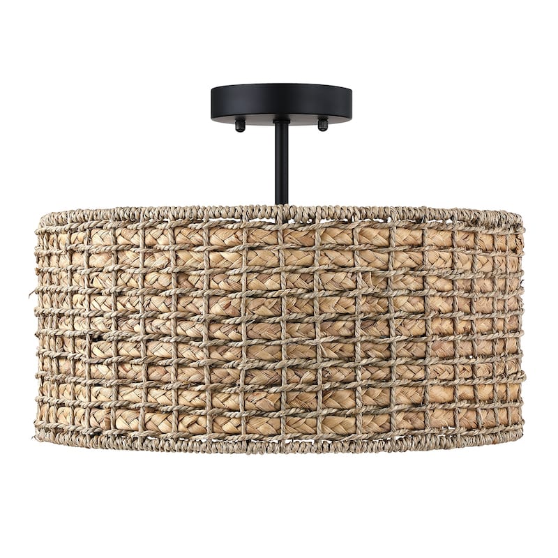 3-Light Rattan Drum Semi-Flush Mount Ceiling Light - 16'' W