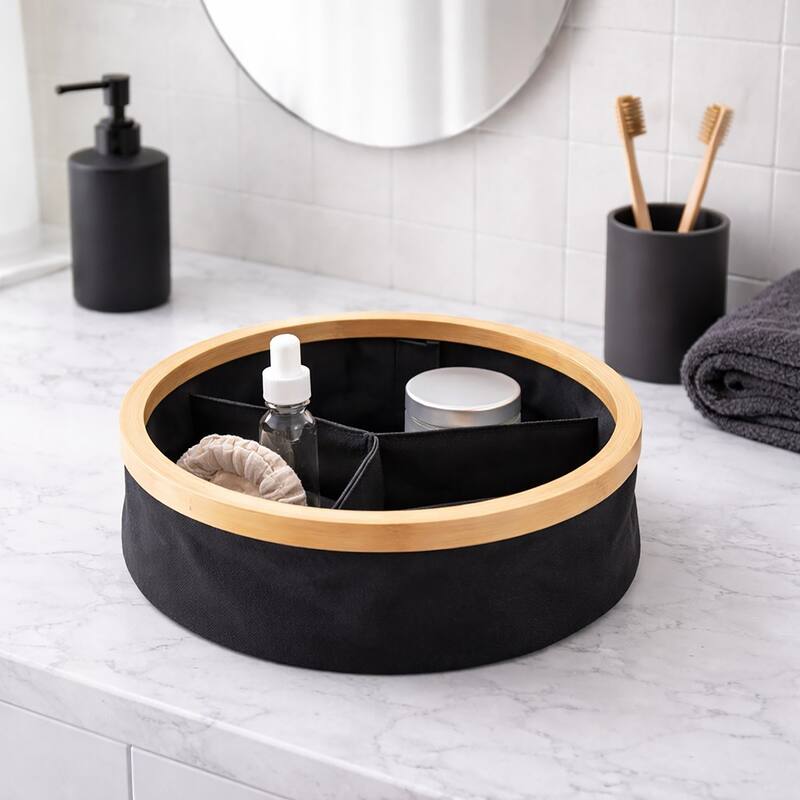 Round Foldable Storage Basket 3-Compartment Organizer - 12 L x 12 W x 4 H - Black