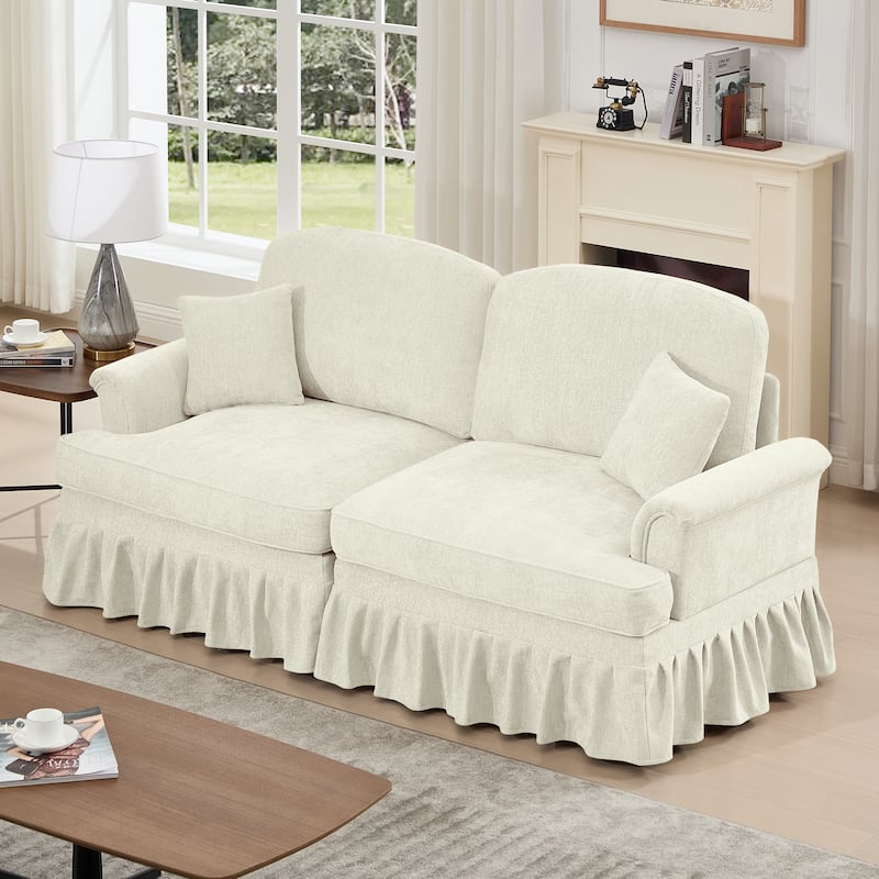 Mid-Century 2-Seat Sofa Couch with Flared Arms & Removable Ruffled Skirts, Retro Chenille Upholstered Loveseat for Living Room