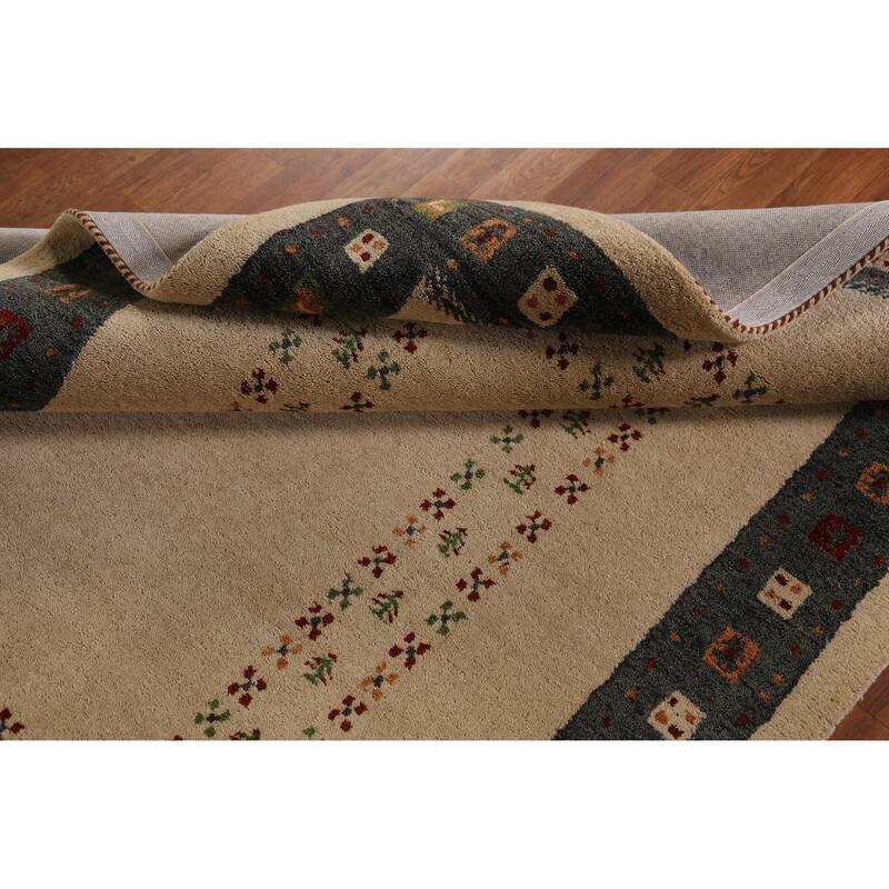Geometric Beige Gabbeh Area Rug Hand-Tufted Wool Carpet - 5'3" x 7'7"