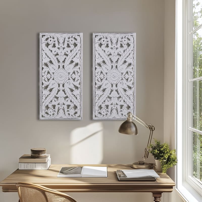 Madison Park Botanical Distressed Carved Wood Wall Decor (Set of 2)