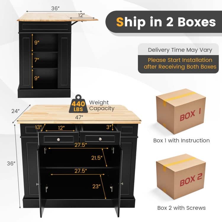 Kitchen Island with Storage and 3-Level Adjustable Shelves - 47" x 36" x 36" (L x W x H)