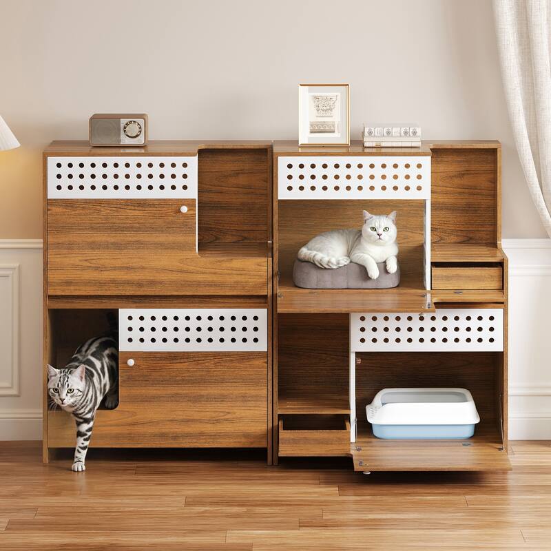 Roomfitters 2-Piece Modern 2 in 1 Cat Furniture Set, Cat Litter Box Enclosure Side Table with Storage Cat House