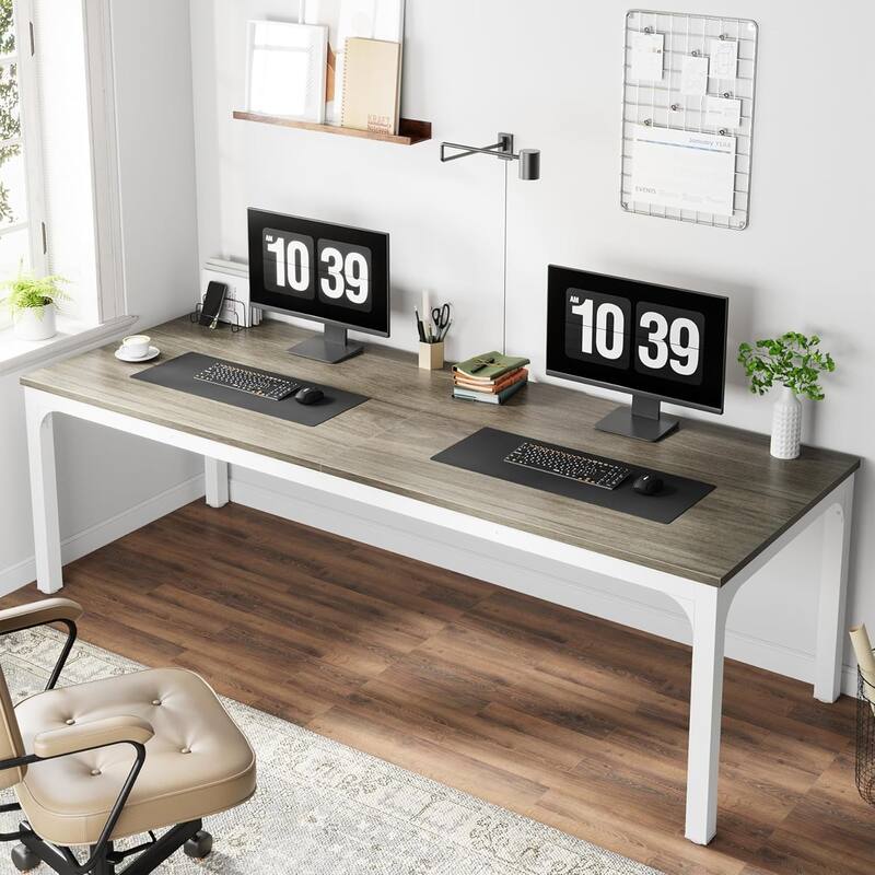 78.7" Extra Long 2-Person Computer Desk, Double Workstation for Home Office - Grey+White