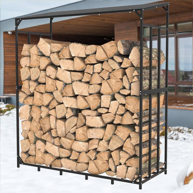 Tall Metal Firewood Wood Log Store Rack Storage Stand with Top Cover - 61.6" L x 23.6" W x 69.5" H