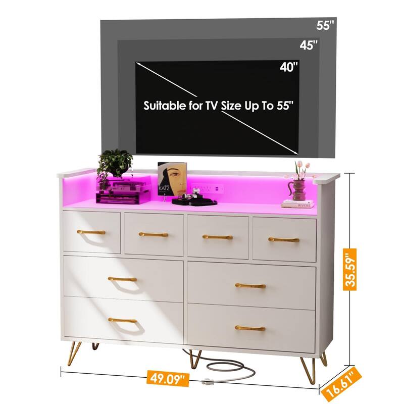 Tall Dresser for Bedroom with Charging Station & RGB Lights - 8 Drawer Wooden