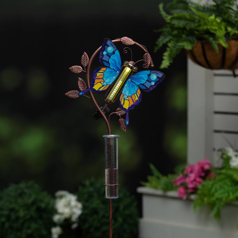 42 in. Solar Metal Rain Gauge, Blue Butterfly
