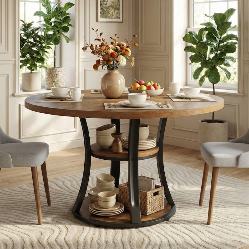 39 Inch Small Round Dining Table for 2-4 People, 3-Tier Round Pedestal Dining Table with Srorage for Kitchen / Dining Room