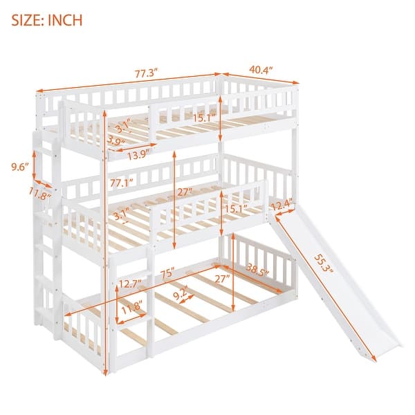 Twin-over-Twin-over-Twin Triple Bunk Bed with Built-in Ladder and Slide, Guardrails