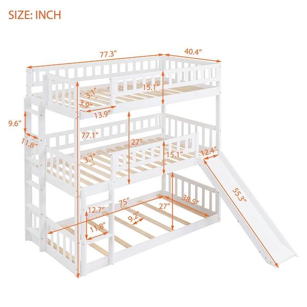White Twin-over-Twin-over-Twin Triple Bunk Bed with Built-in Ladder and Slide, Guardrails