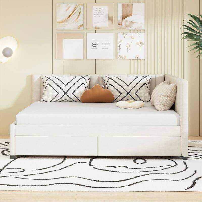 Full Size Upholstered Daybed with 2 Storage Drawers Sofa Bed Frame - Beige