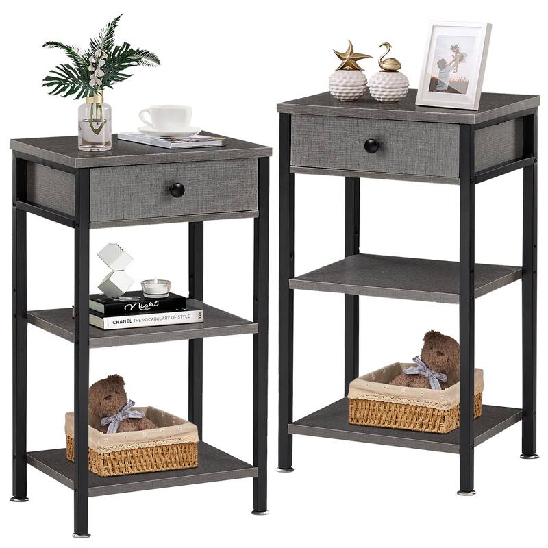 VECELO Set of 2 Modern Nightstands with Drawer & Open Shelves Slim Bedside Table for Small Space Bedroom and Living Room - Hemp Grey