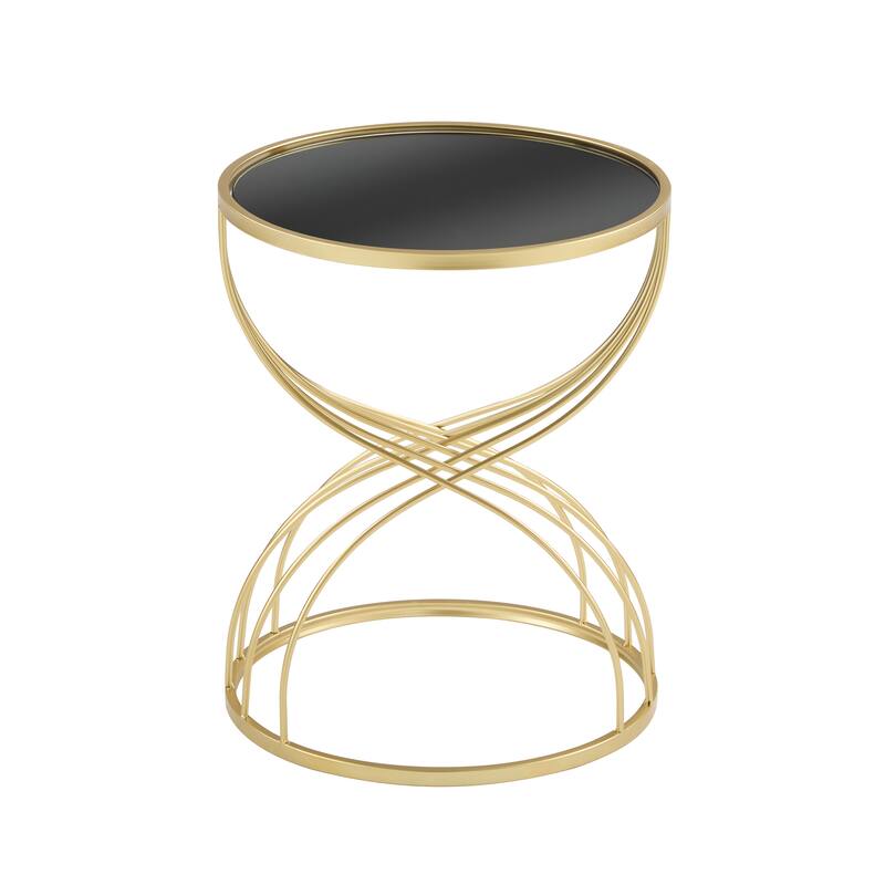 Modern Elegant Golden Hourglass-shaped Accent Table Compact Side Table with Streamlined Metal Frame and Black MIirror Top