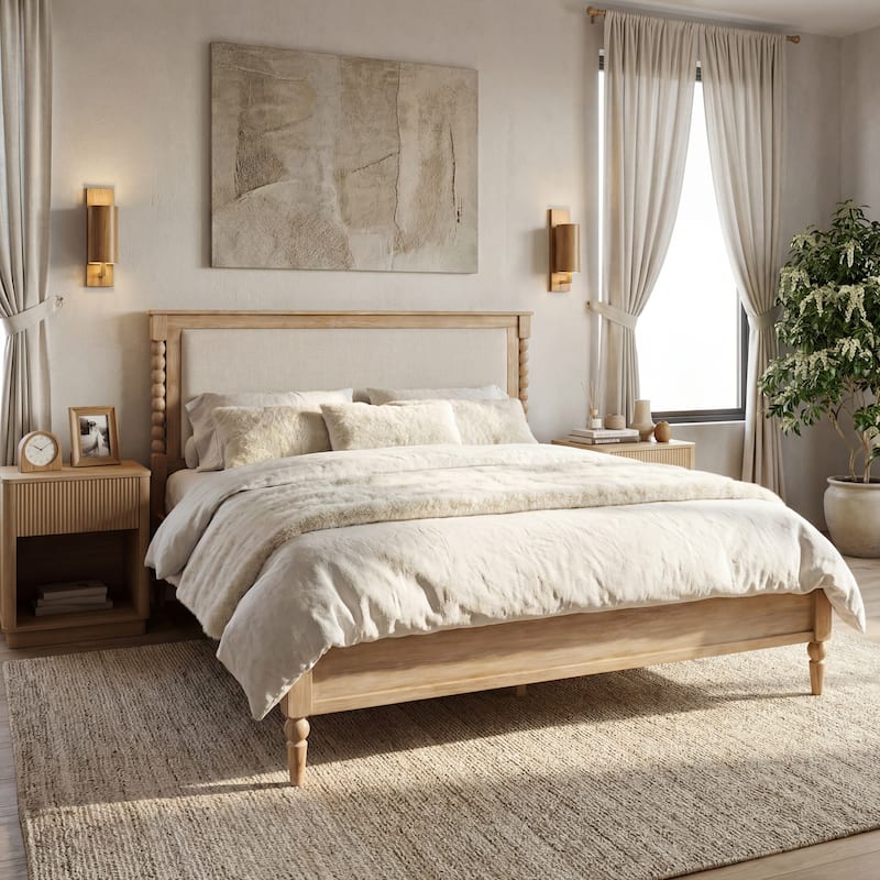 Christopher Knight Home - Traditional Wooden Platform Bed with Upholstered Headboard and Spindle Accent Design - Natural - Queen