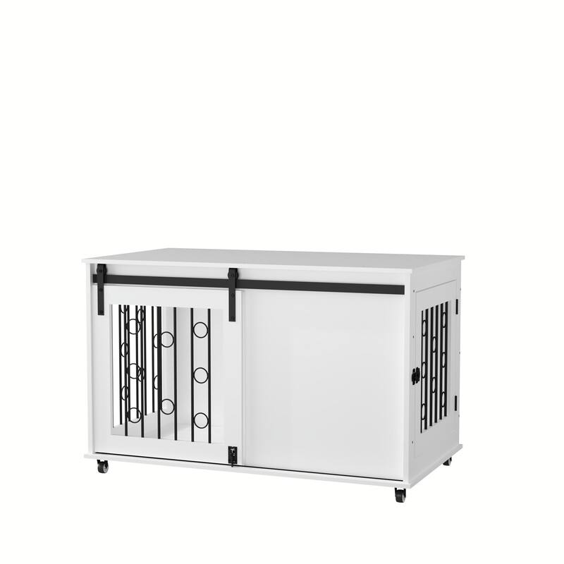 39.37" Wooden Dog Crate Furniture with Sliding Barn Door and Side Door, Indoor Dog Kennel End Table for Small to Medium Dogs