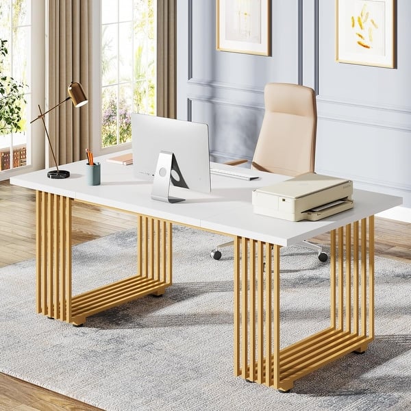 70.9 Inches White/ Gold Modern Executive Desk, Home Office Desk with ...