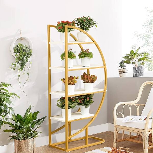 4Tier Bookshelf, Storage Shelves with Steel Frame, Modern Half Moon
