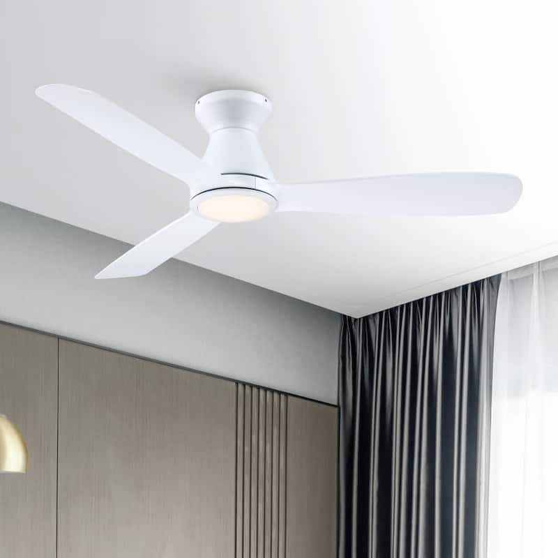 52" White Modern Timer Hugger Flush Mount LED Ceiling Fan with 6-speed DC Motor and Remote