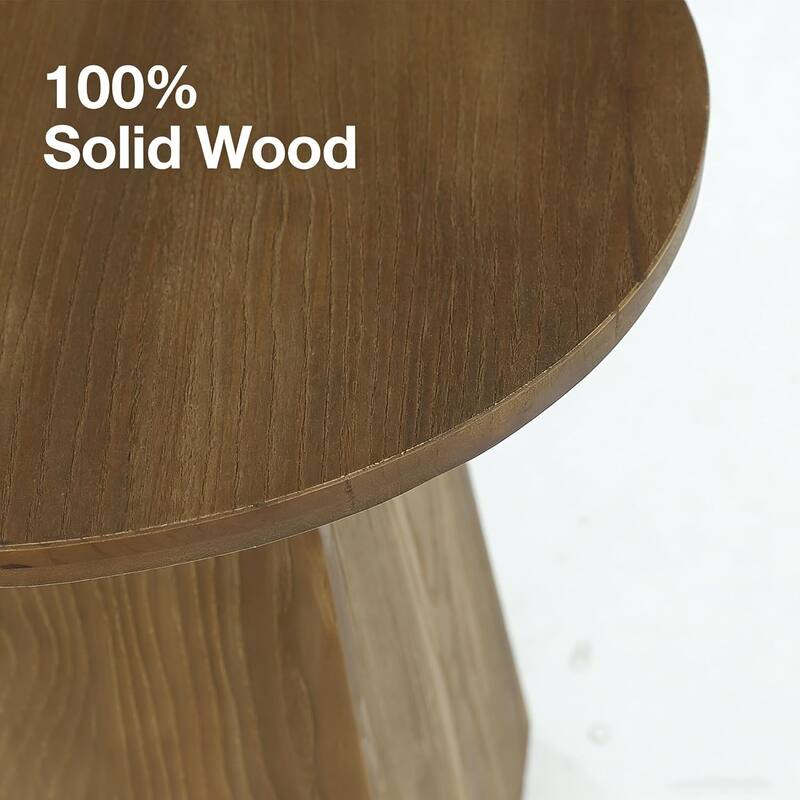 Solid Wood End Table for Living Room, 19" Round Side Table with Trapezoid Base - 18.8" D × 18.8" W × 23.22" H