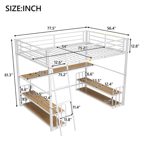 dimension image slide 1 of 2, Twin/Full Size Metal Loft Bed with Ladder and Built-in Long Desk, Kids Storage Bed Frame with Shelves and USB Ports