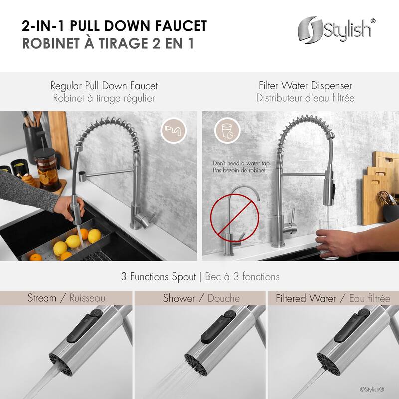 Milano Pull-Down Kitchen Faucet with water filter. Stainless Steel Gold.