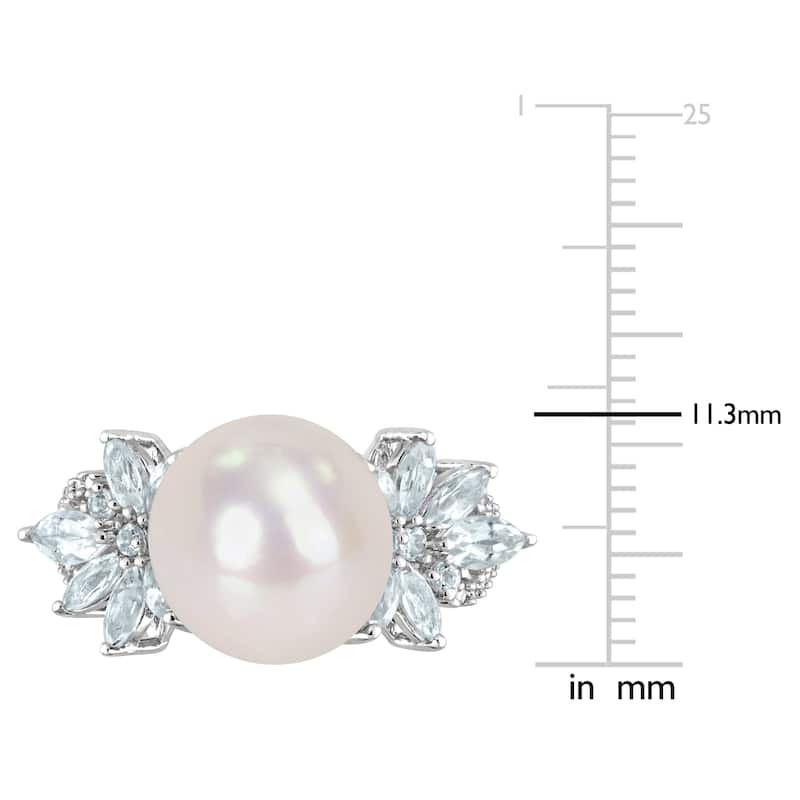 Miadora 11-12mm Cultured Freshwater Pearl and 1 1/5ct TGW Aquamarine and 1/10ct TDW Diamond Flower Ring in Sterling Silver