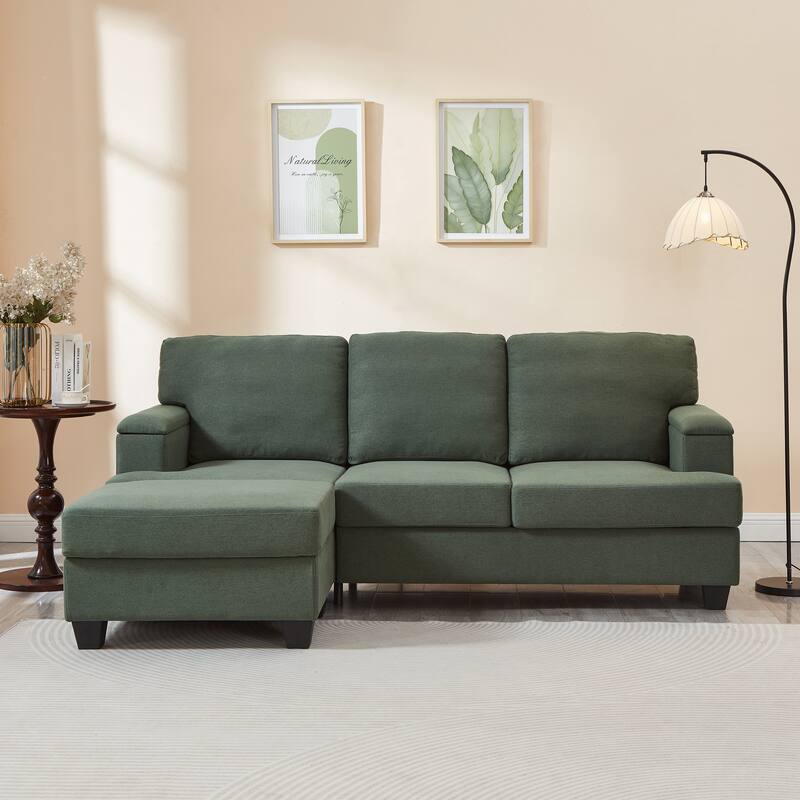 L Shaped 3 Seats Sofa with Armrest Organizer, Linen Sectional Sofa with Movable Ottoman, Comfy Upholstered 3 Seater Couch, - Dark Green