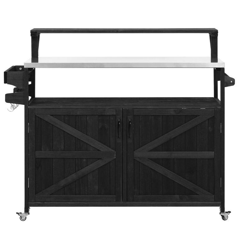 Outdoor Kitchen Island, Solid Wood Storage Cabinet with Stainless Steel Top and Lockable Wheels
