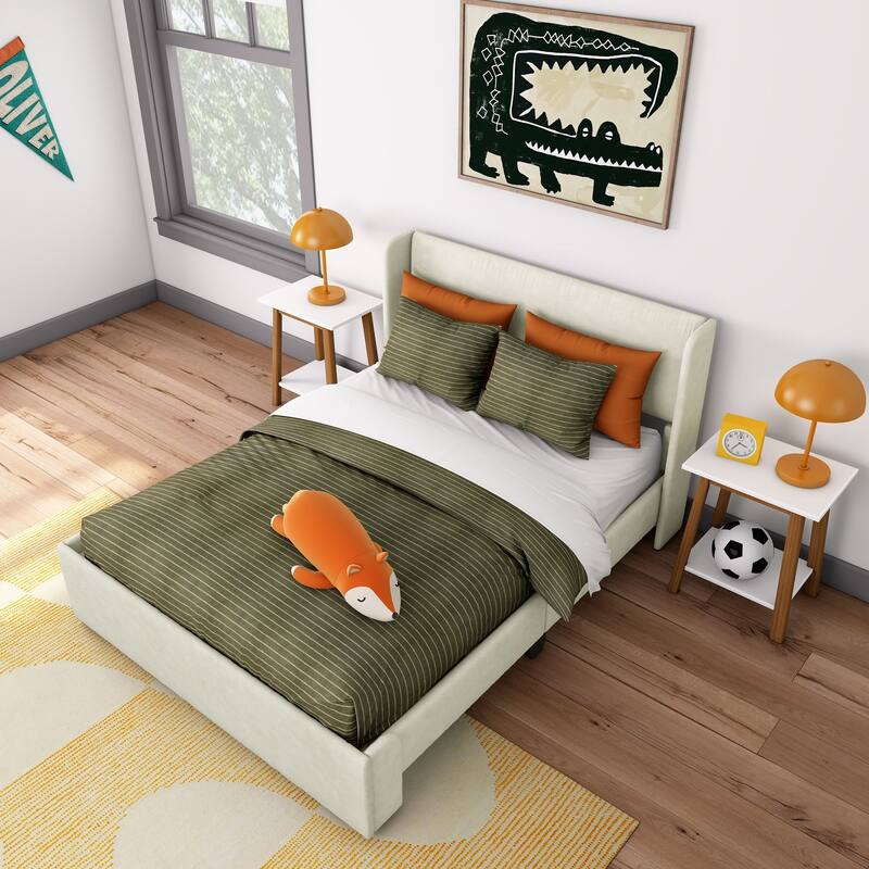 Max and Lily Full-Size Upholstered Bed with Rectangular Headboard - Cream