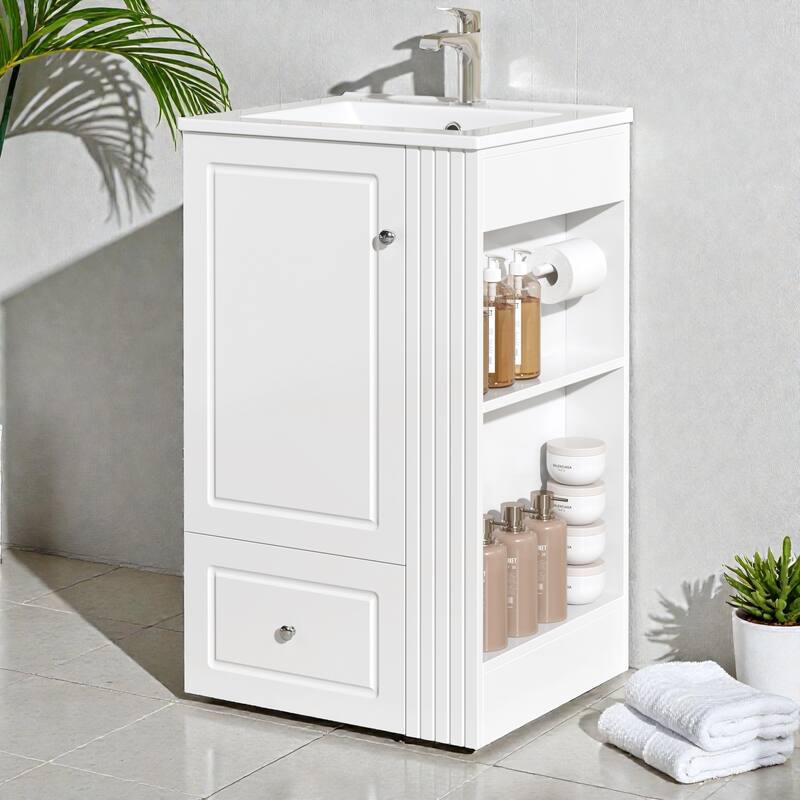 20" Small Bathroom Vanity with Ceramic Sink, Soft-Close Drawer, Open Shelves & Towel Bar, Modern MDF Freestanding Cabinet - White