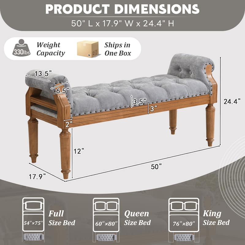 Christopher Knight Home - Mid-Century Solid Rubberwood Upholstered Bench with Rolled Arms, Button-Tufted Cushion & Nailhead Trim