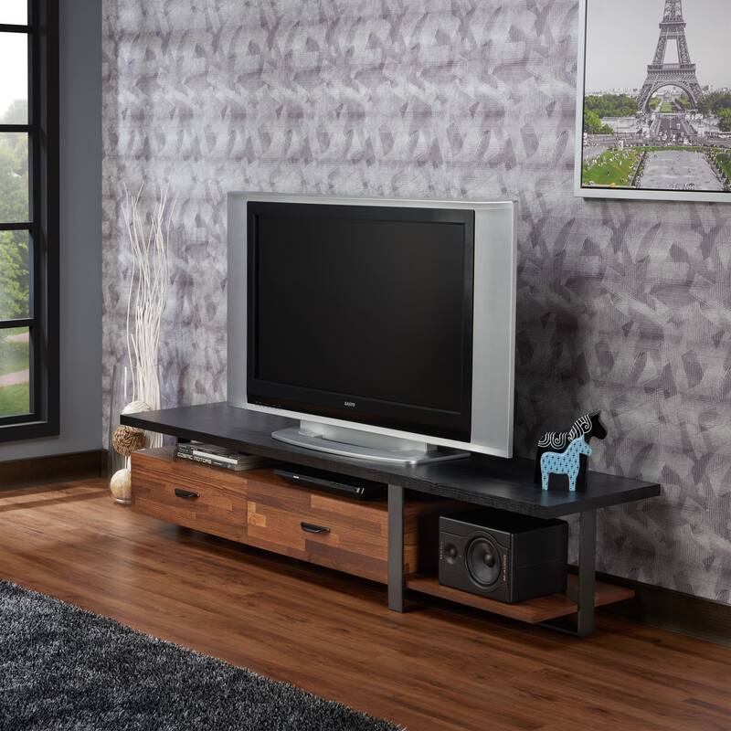 Versatile Walnut & Black TV Stand with 2 Drawers and Open Storage, Fits 55 TV