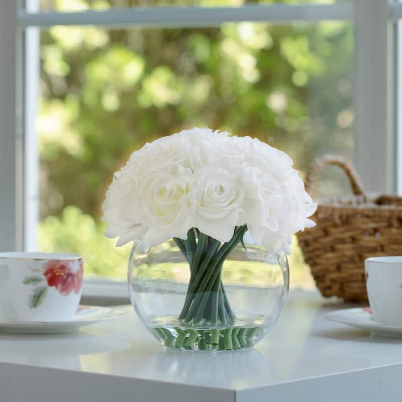Enova Home 16 Heads Artificial Silk Rose Flowers in Round Glass Vase With Faux Water For Home Wedding Decoration
