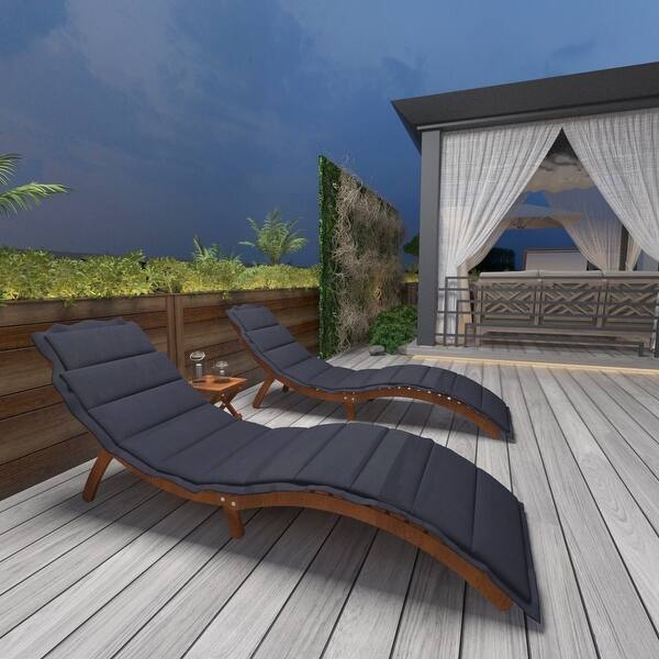 Outdoor Wood Portable Extended Chaise Lounge Set w/ Foldable Tea Table