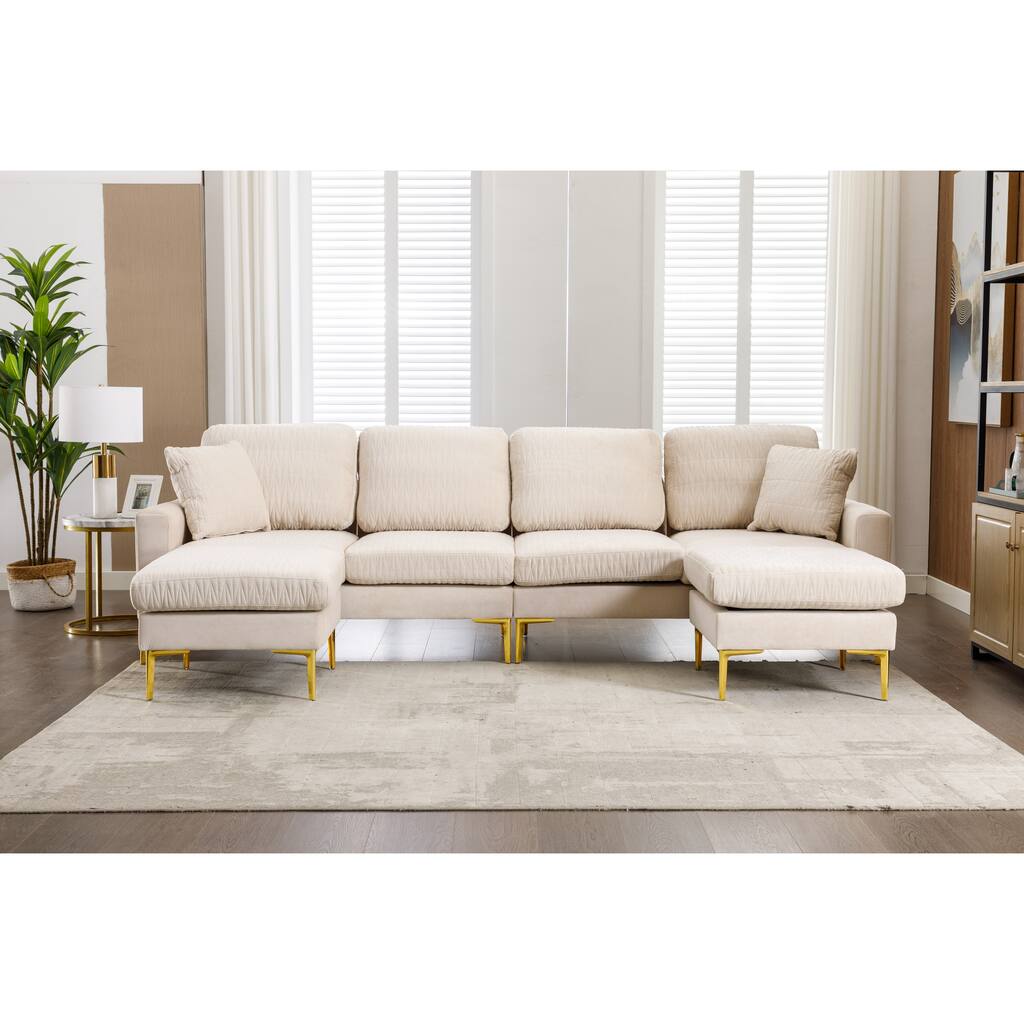 Large U-Shape Sectional Sofa Modern Velvet Upholstered Living Room Sofa with 2 Ottoman Included and Iron Feet Support