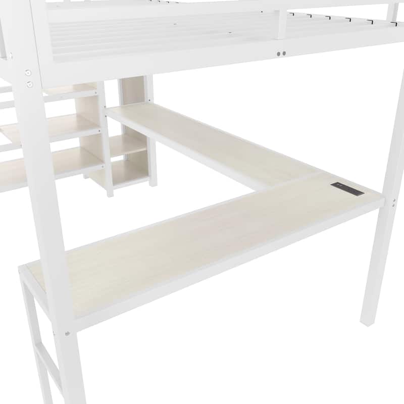 Queen Size Metal Loft Bed with Wardrobe,L-shaped Desk and USB