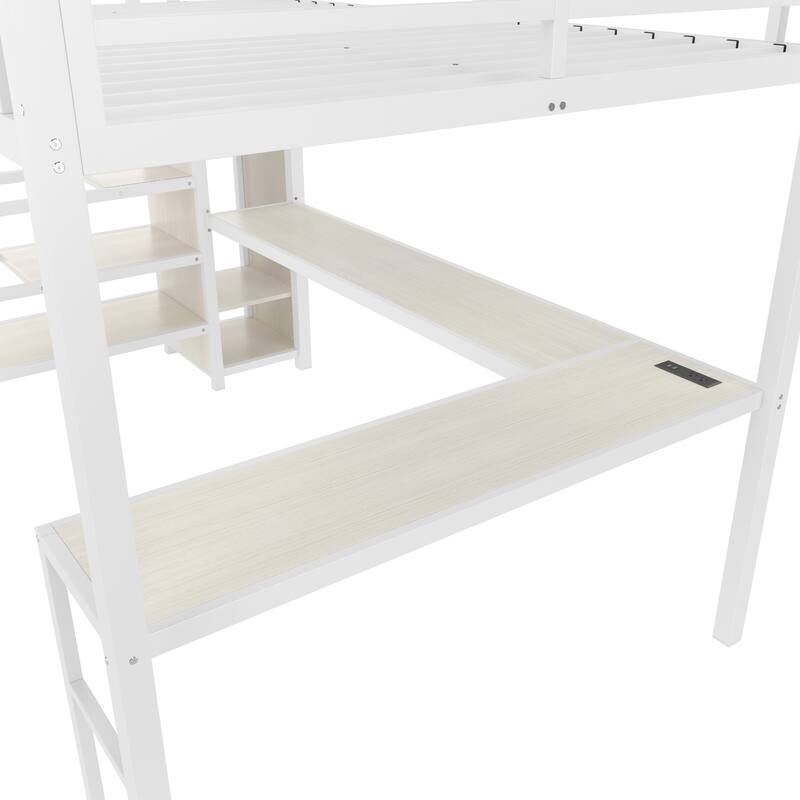 Roomfitters Queen Size Metal Loft Bed with L-Shaped Desk, USB Ports, LED Lighting & Adjustable Shelves