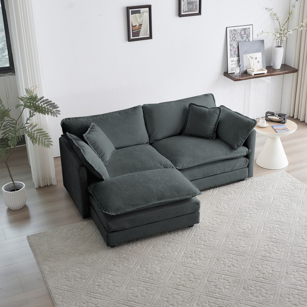 GDFStudio - Pawn Chenille L-Shaped 2 Seater Sofa with 1 Ottoman with Pillow